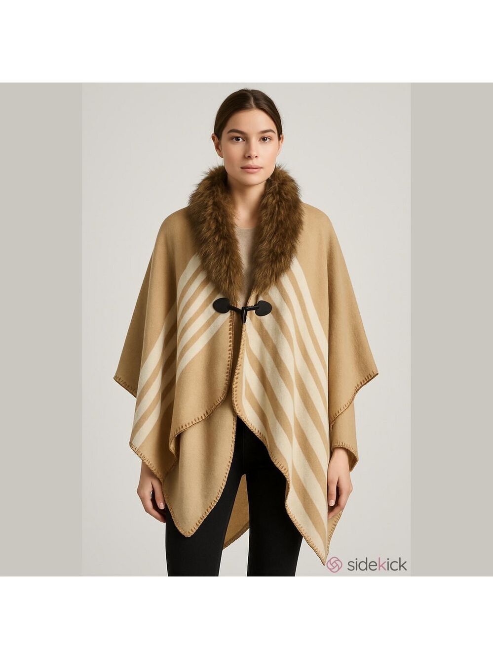 Beige Cape/ Pincho with Faux Fur Trim, OS